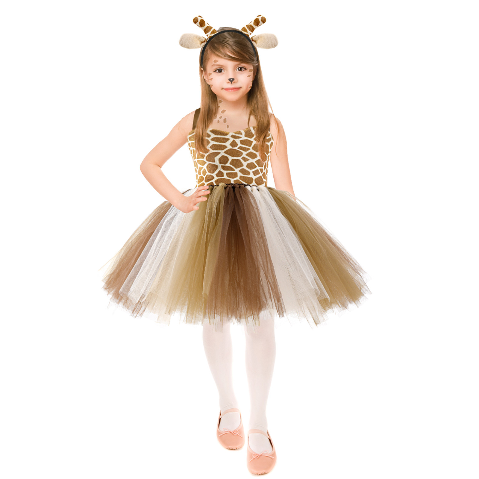 Odeerbi Kids Girls Halloween Tulle Skirt Set Giraffe Dress Up Clothes Kids Fashion Cute Role Play Party Clothing Princess Dress Headband Tail Set Brown